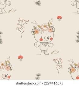 Seamless pattern with cute forest bear and bird's. Hand drawn vector illustration. Can be used for kids fabric, textile, nursery wallpaper.