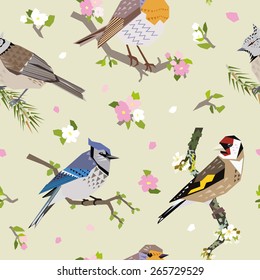 Seamless pattern with cute forest birds and flowers 2