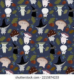Seamless pattern. Cute forest dwellers. Halloween pattern with mushrooms.