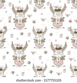 Seamless pattern with cute forest fairies. Vector.