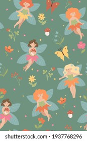 Seamless pattern with cute forest fairies. Vector graphics.