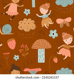 Seamless pattern with cute forest fairy and mushrooms on brown background. Magical digital background with vector hand drawn elements. Seamless pattern for kids fabric, textile and scrapbook paper.