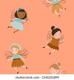 Seamless pattern with cute forest fairy on coral background. Dusty pink digital background with vector hand drawn elements. Seamless pattern for kids fabric, textile and scrapbook paper.