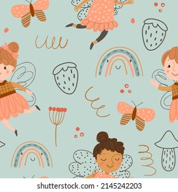 Seamless pattern with cute forest fairy, outline rainbow and strawberry on blue background. Dusty blue kids digital background with vector hand drawn elements. Seamless pattern for kids fabric.