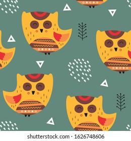 Seamless pattern with cute forest owls in Scandinavian style. Vector Illustration. Great for baby clothes, greeting card, wrapping paper.