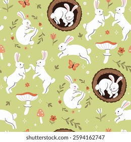 Seamless pattern with cute forest white rabbits. Vector graphics.