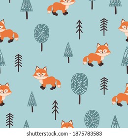 Seamless pattern with cute fox and abstract trees. Forest childish vector illustration. Baby print