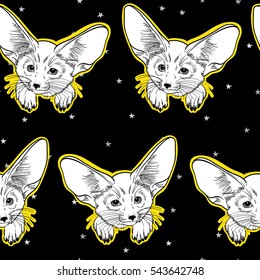 Seamless pattern with cute fox animal and silver stars. Little fox Fennec. Children linear illustration. To print T-shirts, bags or cover.