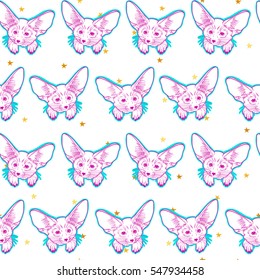 Seamless pattern with cute fox animal and gold stars. Little Fennec. Children linear illustration. To print T-shirts, bags or cover.