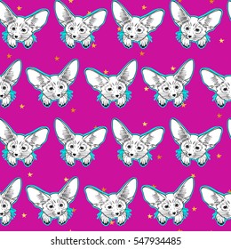 Seamless pattern with cute fox animal and gold stars. Little Fennec. Children linear illustration. To print T-shirts, bags or cover.