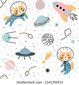 Seamless pattern with cute fox astronaut, planet, star and ufo. Vector illustration for children.