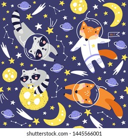Motif harmonieux d'astronaute renard mignon, de raton laveur, de planètes, d'étoiles et de comètes. Arrière-Plan de l'espace pour les Enfants. Animaux dans l'espace extra-atmosphérique Illustration Vectorielle