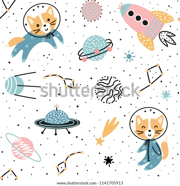 かわいいキツネ宇宙飛行士 惑星 星 Ufoとシームレスな柄 子ども用のベクターイラスト のベクター画像素材 ロイヤリティフリー
