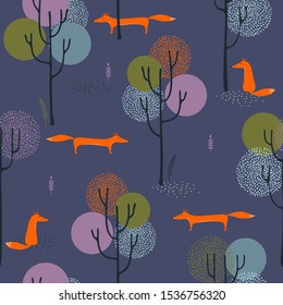 Seamless pattern cute  Fox with autumn forest.Vector illustration of an abstract background of a forest landscape.