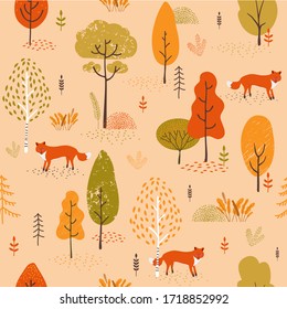 Seamless pattern cute Fox with autumn forest.Vector illustration of an abstract background of a forest landscape.