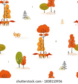 Seamless pattern cute Fox with autumn forest.Vector illustration of an abstract background of a forest landscape.