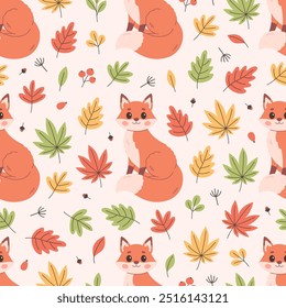 Seamless pattern with cute fox and autumn leaves. Flat, hand drawn texture for wallpaper, textile, fabric, paper. Vector illustration in flat style
