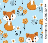 Seamless pattern with cute fox baby on color background. Funny forest animals. Card, postcards for kids. Flat vector illustration for fabric, textile, wallpaper, poster, paper.