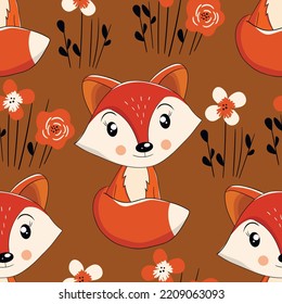 Seamless pattern with cute fox baby on color background. Funny forest animals. Card, postcards for kids. Flat vector illustration for fabric, textile, wallpaper, poster, paper.