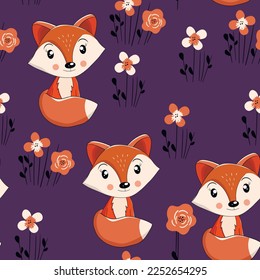 Seamless pattern with cute fox baby on color background. Funny forest animals. Card, postcards for kids. Flat vector illustration for fabric, textile, wallpaper, poster, paper.