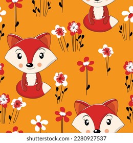 Seamless pattern with cute fox baby on color background. Funny forest animals. Card, postcards for kids. Flat vector illustration for fabric, textile, wallpaper, poster, paper.