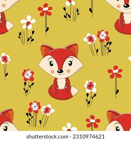 Patrón sin inconvenientes con el lindo bebé zorro en el fondo del color. Animales del bosque divertidos. Tarjeta, postales para niños. Ilustración vectorial plana para tela, textil, papel pintado, afiche, papel.