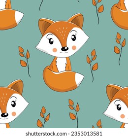 Seamless pattern with cute fox baby on color background. Funny forest animals. Card, postcards for kids. Flat vector illustration for fabric, textile, wallpaper, poster, paper.