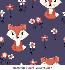 Seamless pattern with cute fox baby on color background. Funny forest animals. Card, postcards for kids. Flat vector illustration for fabric, textile, wallpaper, poster, paper.