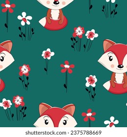 Seamless pattern with cute fox baby on color background. Funny forest animals. Card, postcards for kids. Flat vector illustration for fabric, textile, wallpaper, poster, paper.