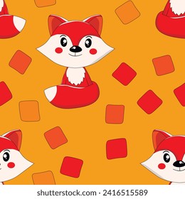 Seamless pattern with cute fox baby on color background. Funny forest animals. Card, postcards for kids. Flat vector illustration for fabric, textile, wallpaper, poster, paper.