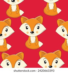 Seamless pattern with cute fox baby on color background. Funny forest animals. Card, postcards for kids. Flat vector illustration for fabric, textile, wallpaper, poster, paper.
