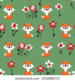 Seamless pattern with cute fox baby on color background. Funny forest animals. Card, postcards for kids. Flat vector illustration for fabric, textile, wallpaper, poster, paper.