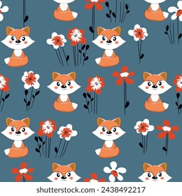 Seamless pattern with cute fox baby on color background. Funny forest animals. Card, postcards for kids. Flat vector illustration for fabric, textile, wallpaper, poster, paper.