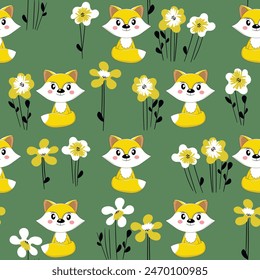 Seamless pattern with cute fox baby on color background. Funny forest animals. Card, postcards for kids. Flat vector illustration for fabric, textile, wallpaper, poster, paper.
