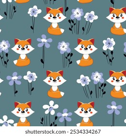 Seamless pattern with cute fox baby on color background. Funny forest animals. Card, postcards for kids. Flat vector illustration for fabric, textile, wallpaper, poster, paper.