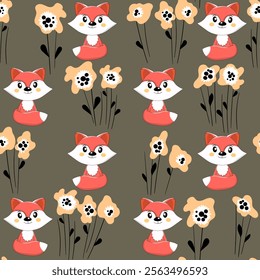 Seamless pattern with cute fox baby on color background. Funny forest animals. Card, postcards for kids. Flat vector illustration for fabric, textile, wallpaper, poster, paper.