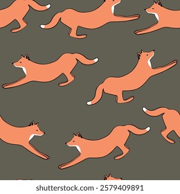 Seamless pattern with cute fox baby on color background. Funny forest animals. Card, postcards for kids. Flat vector illustration for fabric, textile, wallpaper, poster, paper.