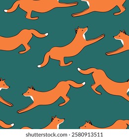 Seamless pattern with cute fox baby on color background. Funny forest animals. Card, postcards for kids. Flat vector illustration for fabric, textile, wallpaper, poster, paper.