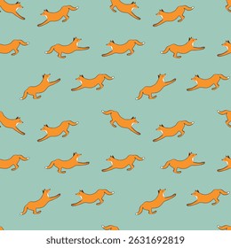 Seamless pattern with cute fox baby on color background. Funny forest animals. Card, postcards for kids. Flat vector illustration for fabric, textile, wallpaper, poster, paper.