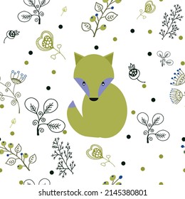 Seamless pattern with cute fox. Background of different plants and flowers.