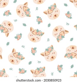 Seamless pattern with cute fox and bouquet pink and blue flowers. Background with wild animals in flat style. Illustration for kids. Design for wallpaper, fabric, textiles, wrapping paper. Vector