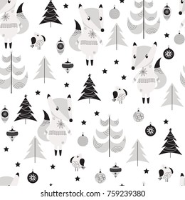 Seamless pattern with cute fox, bullfinch and trees in Scandinavian style. Christmas background in black and white colors.