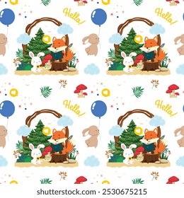 Seamless pattern with a cute fox and a cute bunny in the forest