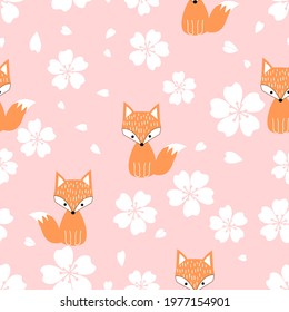 Seamless pattern with cute fox cartoons and Sakura flower on pink background vector illustration. Cute childish print.