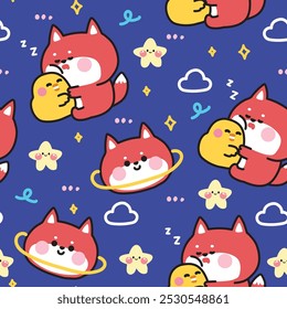 Seamless pattern of cute fox with chicken night sky background.Space.Cloud.Star.Planet.Wild animal character cartoon design.Image for card,sticker,baby clothing.Kawaii.Vector.Illustration.