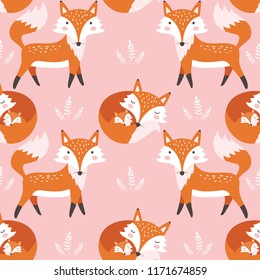 Seamless pattern with cute fox. Childish print. Vector illustration