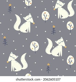 Seamless pattern with cute fox, Christmas trees and snowfall.
