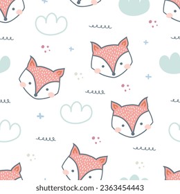 Seamless pattern with cute fox and clouds on white background. Animal cartoon background. Design for print, fabric, textile, wallpaper, wrapping, card and more