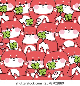 Seamless pattern of cute fox with clover leaf in various poses background.Wild animal character cartoon.Image for card,sticker,baby clothing,print screen.Kawaii.Vector.Illustration.