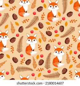 Patrón sin foco con zorro lindo, conos, bayas y hojas. Textura con animales para textiles, papel pintado o diseño impreso. Ilustración vectorial de otoño.